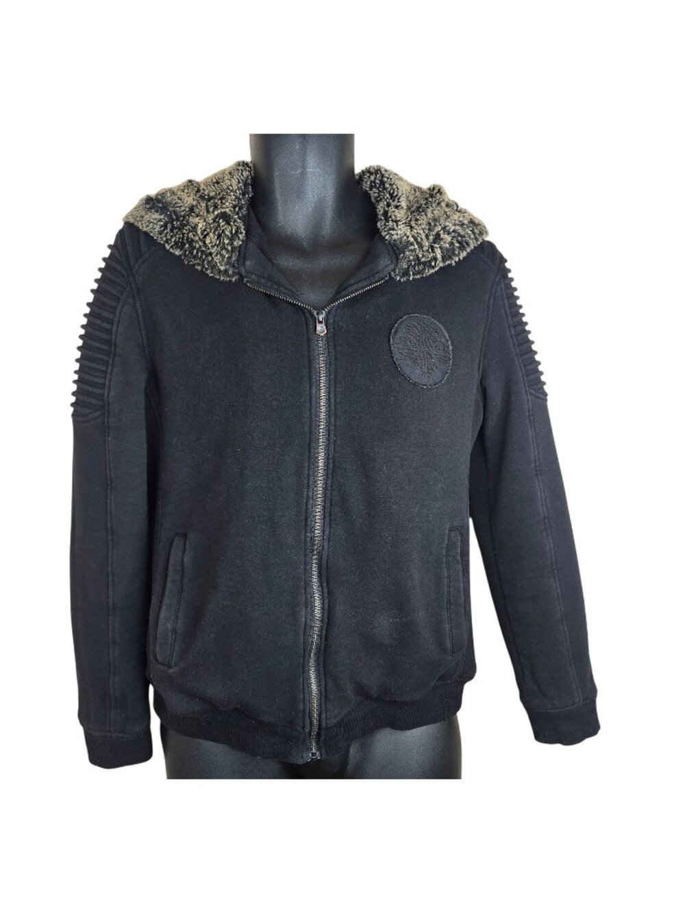 Y2K Affliction Mens M Black Faux Fur-Lined Hooded Jacket Embroidered